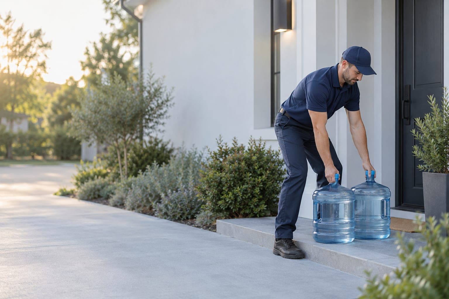 A delivery worker placing sealed five-gallon water bottles at the entrance of a home
