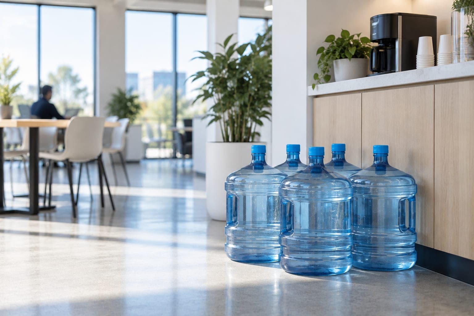 Sealed five-gallon water bottles delivered to an office break room
