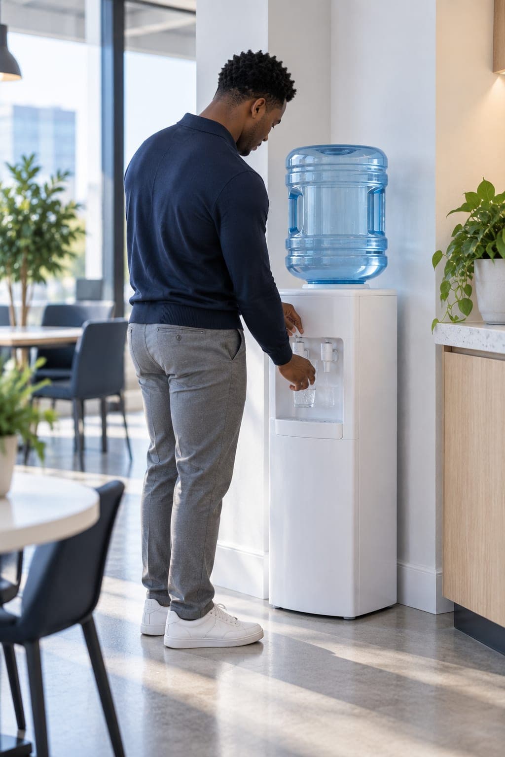 A five-gallon water cooler in use at a workplace after a scheduled water delivery