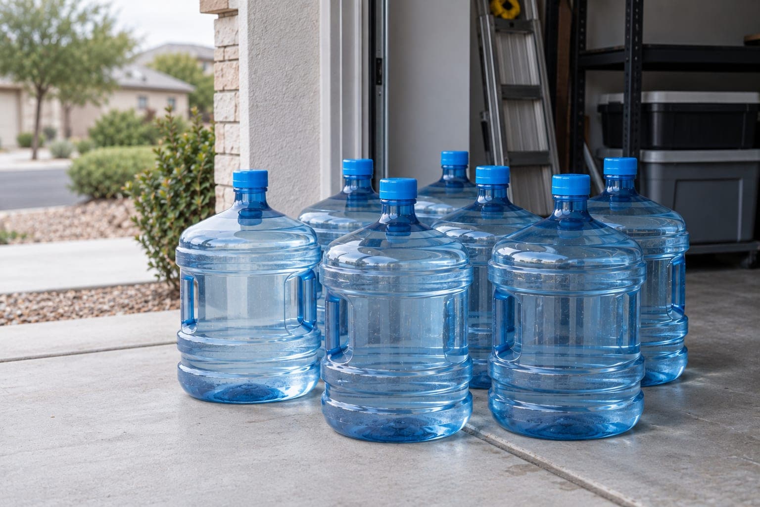 Several sealed five-gallon water bottles delivered together for a one-time bulk water order