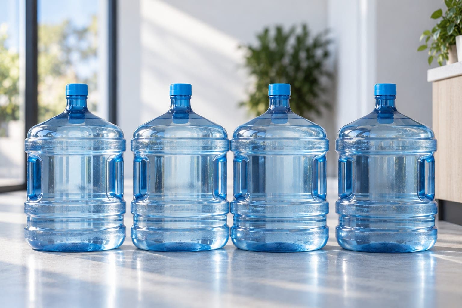 Sealed five-gallon bottles of purified drinking water staged for delivery
