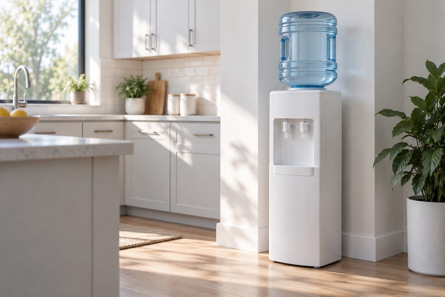 A cold-only water cooler holding a five-gallon bottle in a home kitchen corner